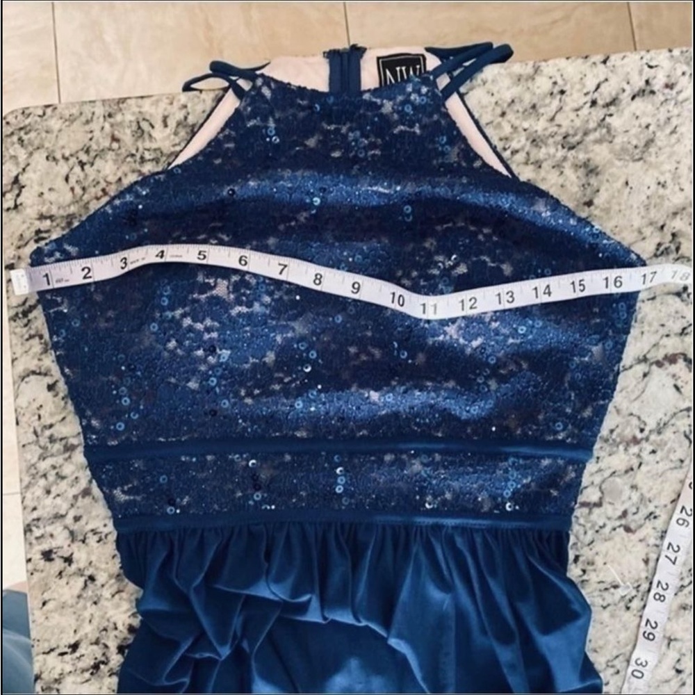 PROM FORMAL NIGHTWAY BLUE LACE, SEQUINS DOUBLE SPAGHETTI STRAPS VEUC - Picture 6 of 12